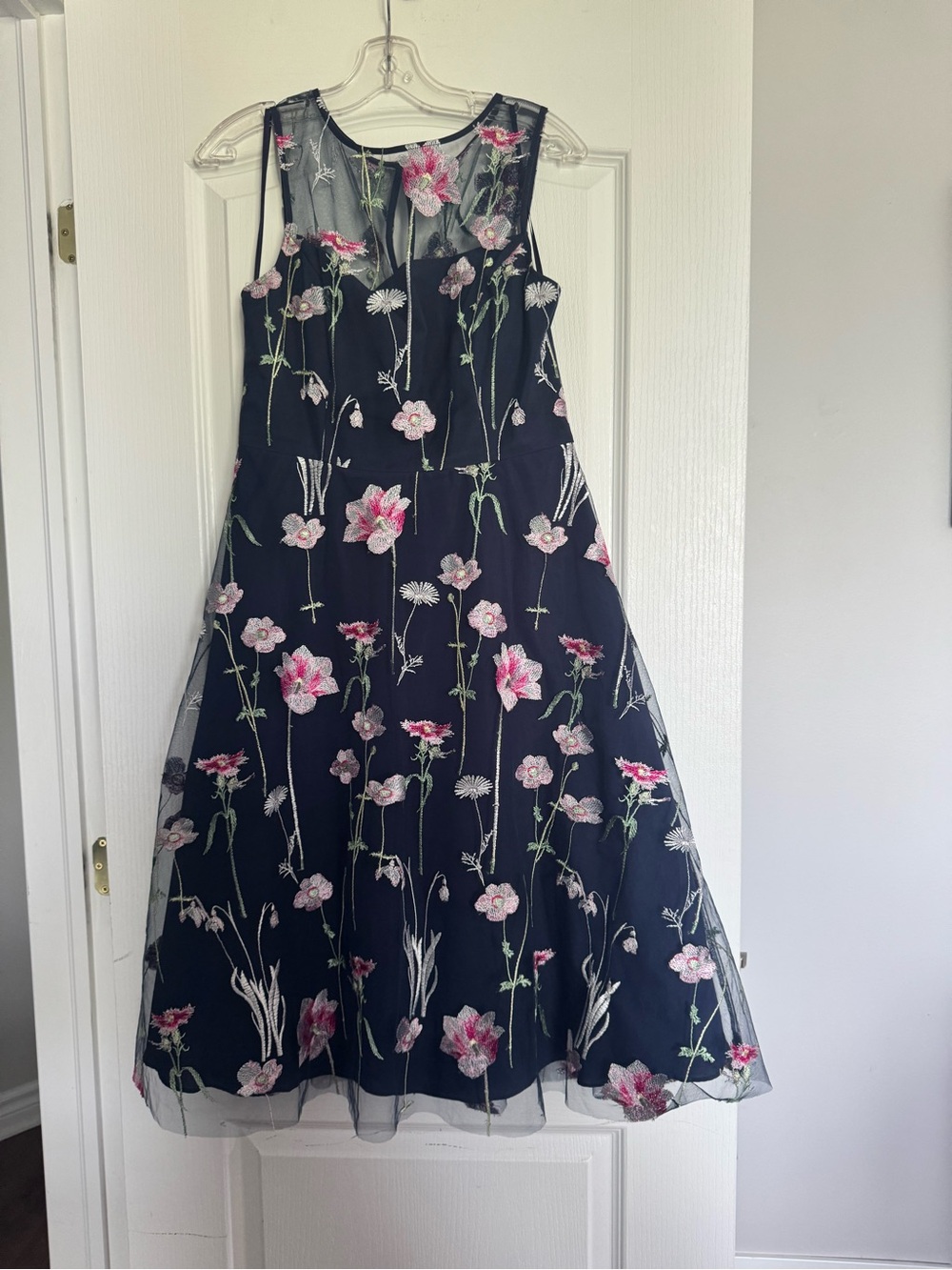 Eliza J Black Midi Dress with Pink Floral Embroidery. Ptp 17 inches